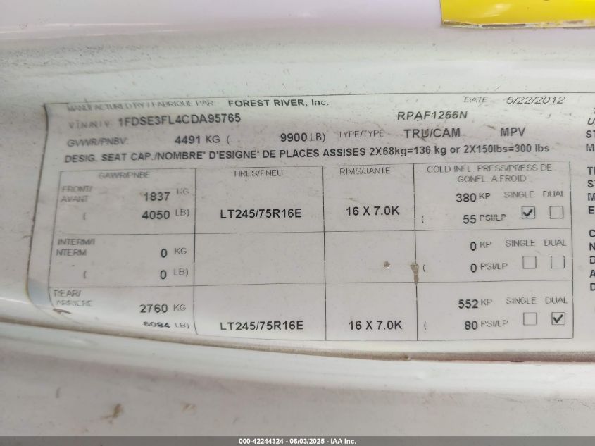 2012 Ford E-350 Cutaway VIN: 1FDSE3FL4CDA95765 Lot: 42244324