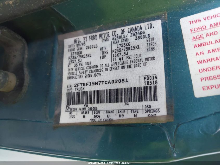 1996 Ford F150 VIN: 2FTEF15N7TCA02081 Lot: 42244376