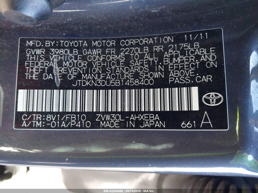2011 TOYOTA PRIUS VIN: JTDKN3DU5B1458400