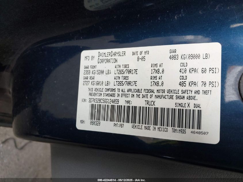 2006 Dodge Ram 2500 Slt/Trx4 Off Road/Sport/Power Wagon VIN: 3D7KS28C56G124059 Lot: 42244514