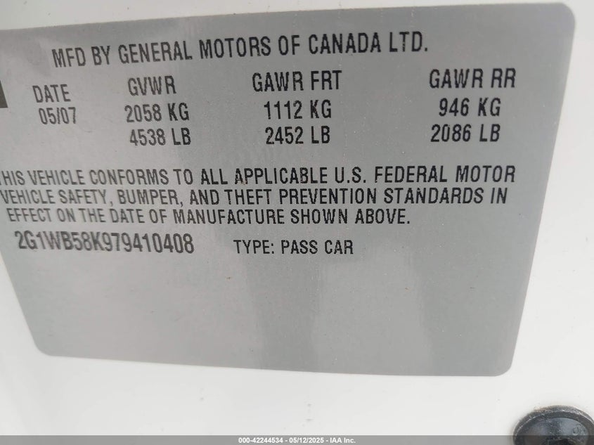 2007 CHEVROLET IMPALA VIN: 2G1WB58K979410408
