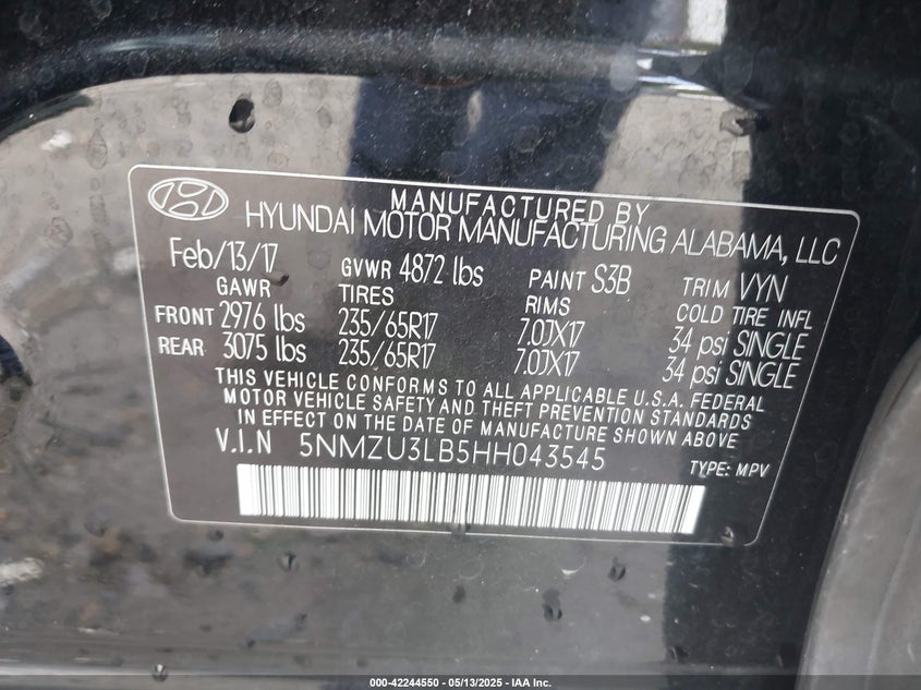 VIN 5NMZU3LB5HH043545 2017 HYUNDAI SANTA FE SPORT 2.4L