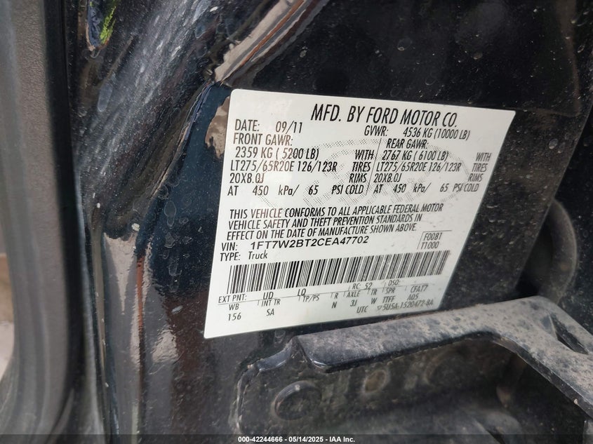 2012 FORD F-250 VIN: 1FT7W2BT2CEA47702