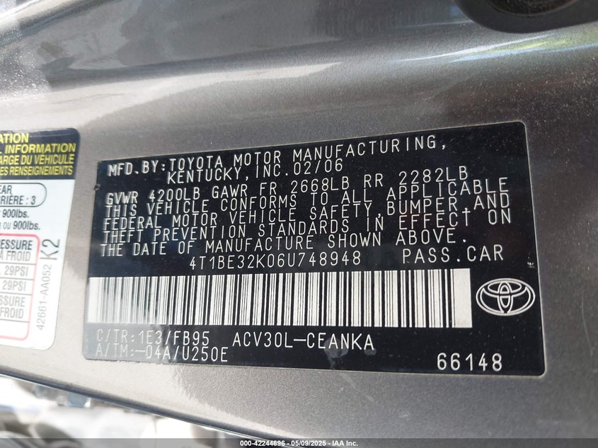 2006 TOYOTA CAMRY VIN: 4T1BE32K06U748948