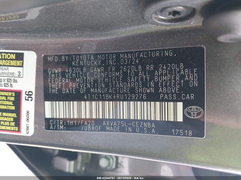2024 TOYOTA CAMRY VIN: 4T1C11BK4RU129276