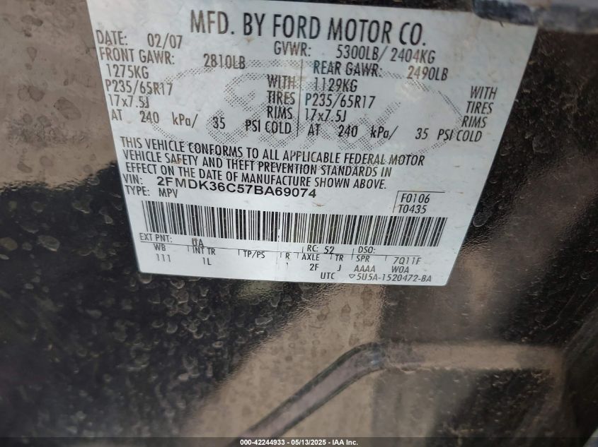 2007 Ford Edge Se VIN: 2FMDK36C57BA69074 Lot: 42244933