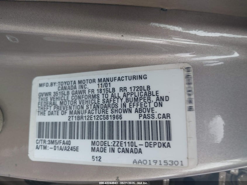 2002 Toyota Corolla Le VIN: 2T1BR12E12C581966 Lot: 42244943