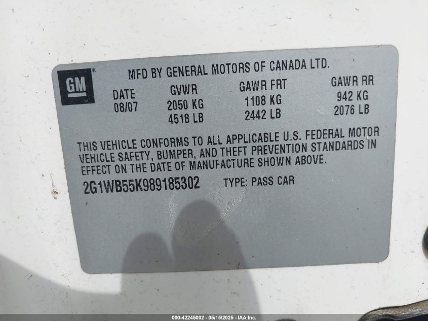 2008 Chevrolet Impala Ls VIN: 2G1WB55K989185302 Lot: 42245002