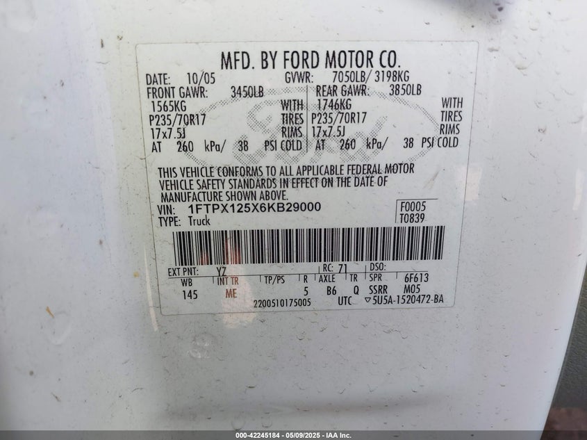 2006 FORD F-150 VIN: 1FTPX125X6KB29000