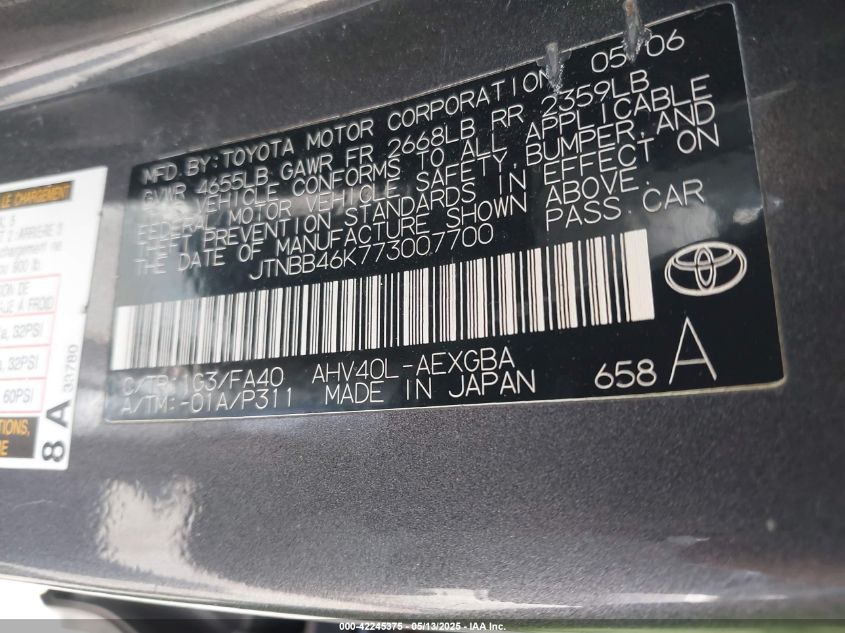 2007 Toyota Camry Hybrid VIN: JTNBB46K773007700 Lot: 42245375