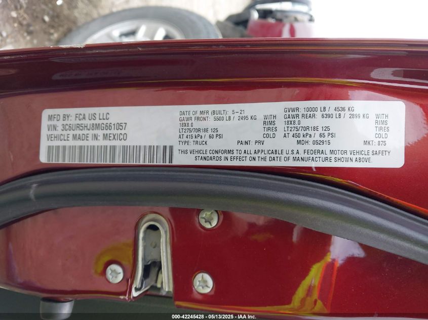 2021 Ram 2500 Tradesman VIN: 3C6UR5HJ8MG661057 Lot: 42245428