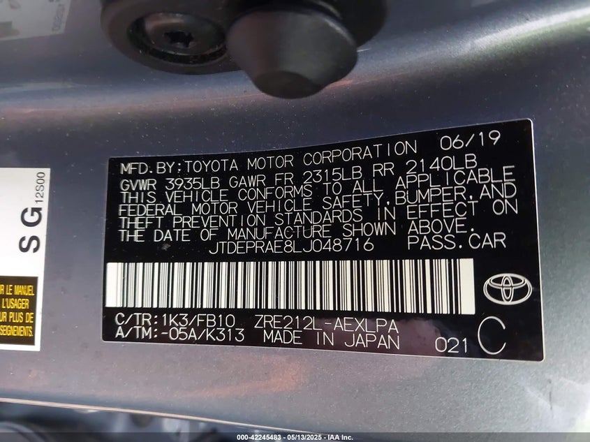 2020 TOYOTA COROLLA LE - JTDEPRAE8LJ048716