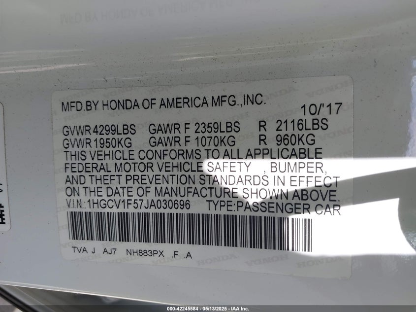 2018 HONDA ACCORD VIN: 1HGCV1F57JA030696