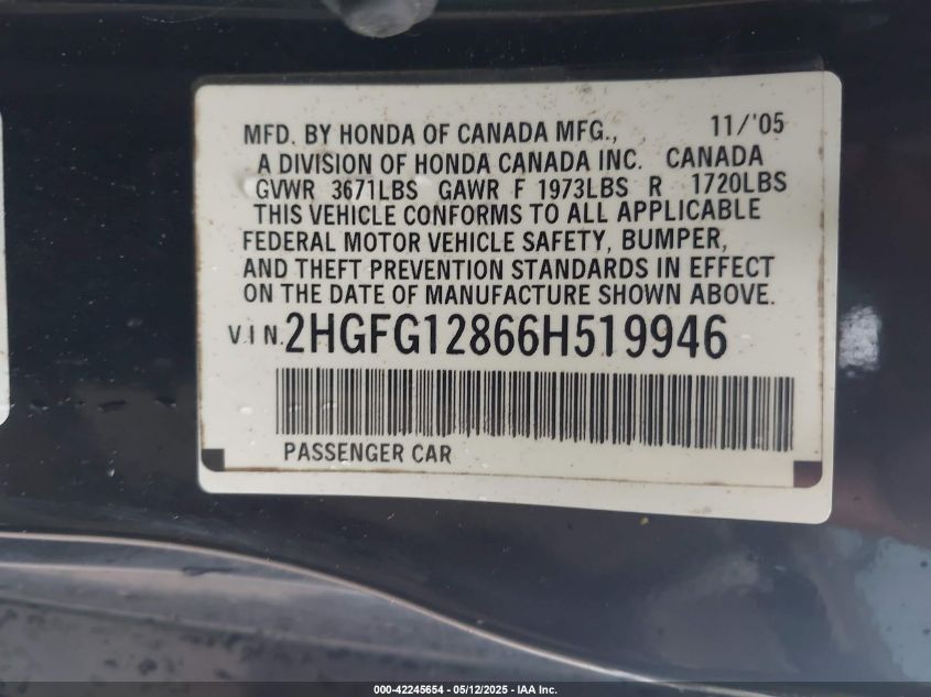 2006 Honda Civic Ex VIN: 2HGFG12866H519946 Lot: 42245654