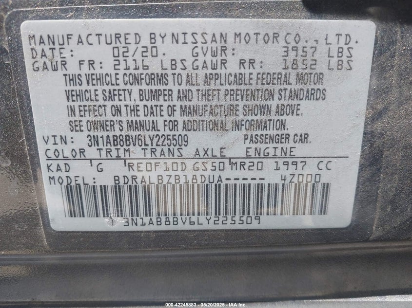2020 NISSAN SENTRA VIN: 3N1AB8BV6LY225509