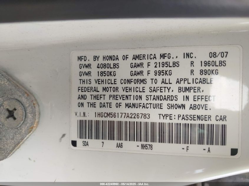 2007 Honda Accord 2.4 Vp VIN: 1HGCM56177A226783 Lot: 42245960