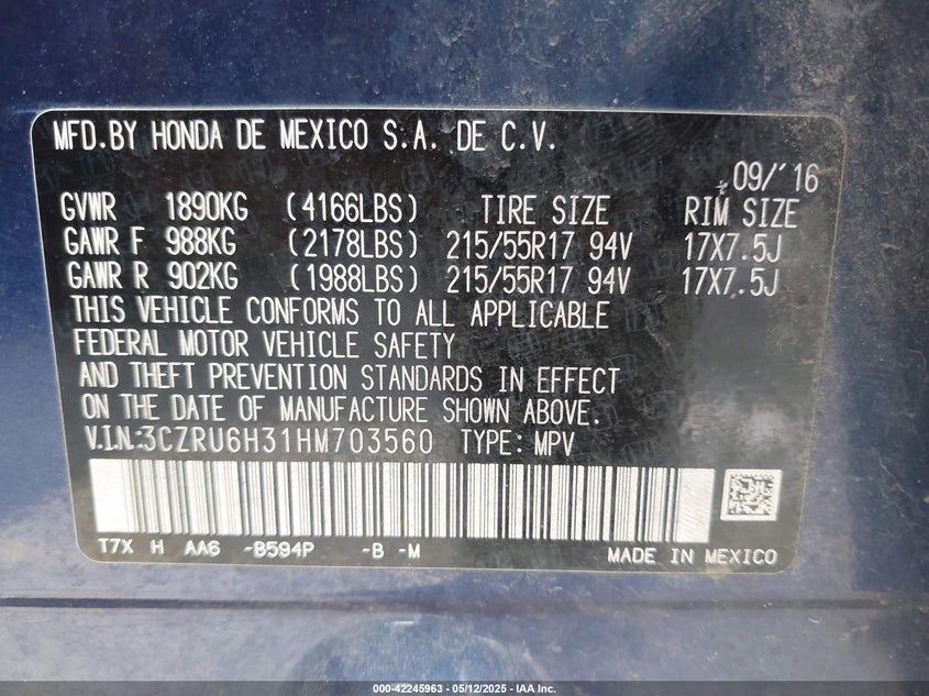 2017 HONDA HR-V VIN: 3CZRU6H31HM703560