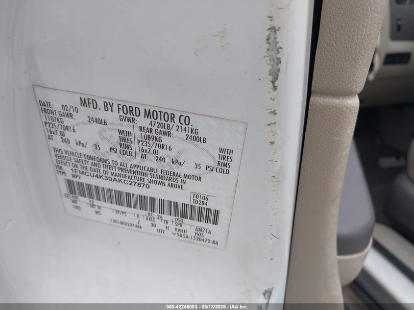 2010 FORD ESCAPE VIN: 1FMCU4K30AKC27870