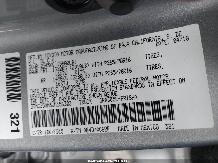 2018 Toyota Tacoma Trd Off Road VIN: 3TMCZ5AN5JM156303 Lot: 42246136