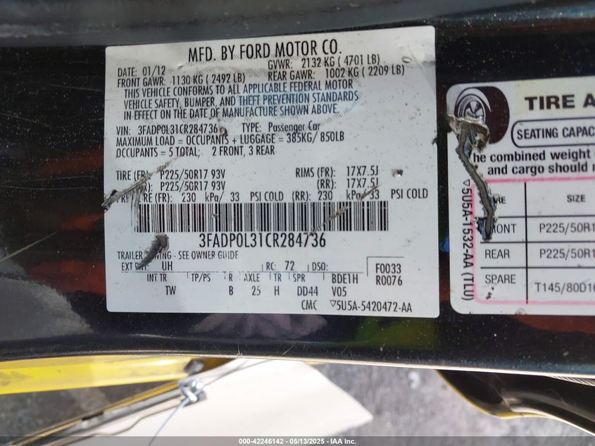 2012 FORD FUSION HYBRID VIN: 3FADP0L31CR284736