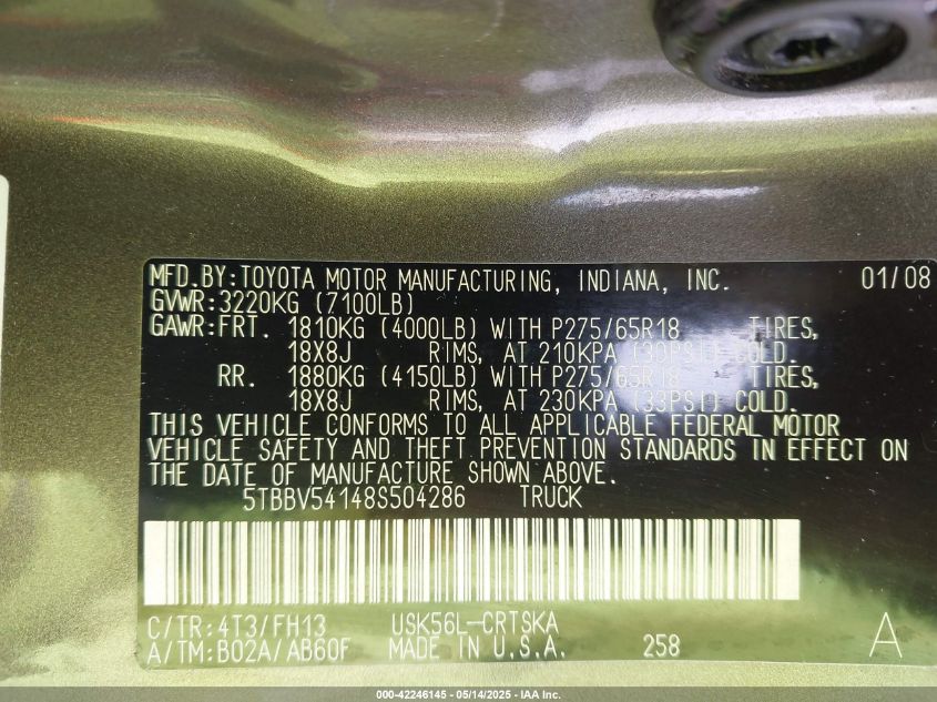 2008 Toyota Tundra Base 5.7L V8 VIN: 5TBBV54148S504286 Lot: 42246145