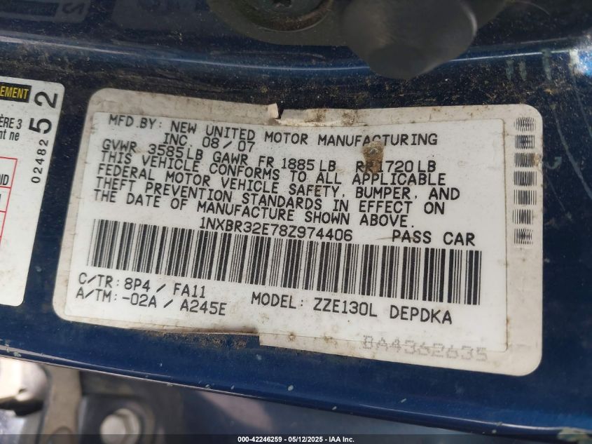 2008 Toyota Corolla Ce VIN: 1NXBR32E78Z974406 Lot: 42246259