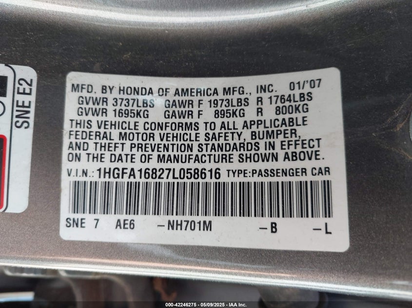2007 HONDA CIVIC VIN: 1HGFA16827L058616