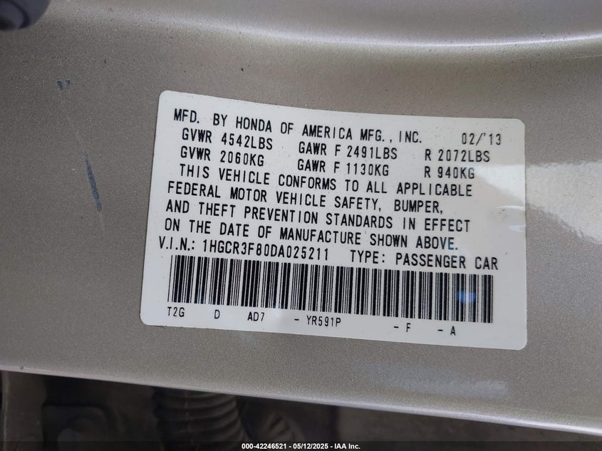 2013 HONDA ACCORD VIN: 1HGCR3F80DA025211