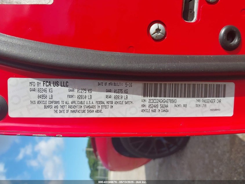 2016 DODGE CHALLENGER VIN: 2C3CDZAGXGH278903