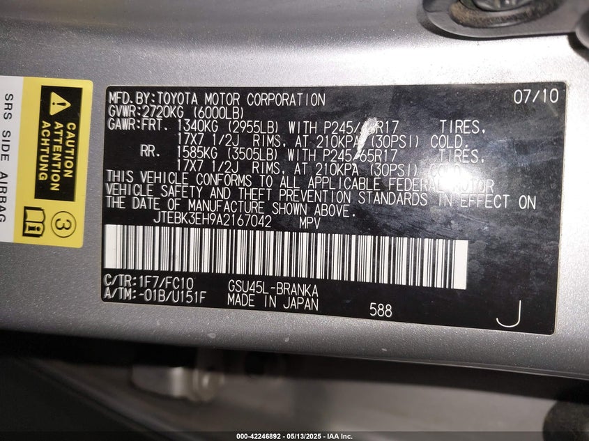 2010 TOYOTA HIGHLANDER VIN: JTEBK3EH9A2167042