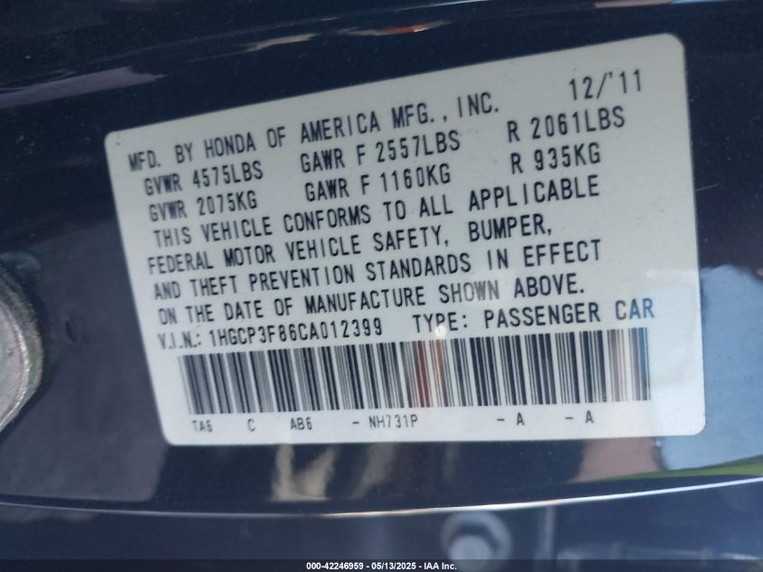 2012 Honda Accord 3.5 Ex-L VIN: 1HGCP3F86CA012399 Lot: 42246959