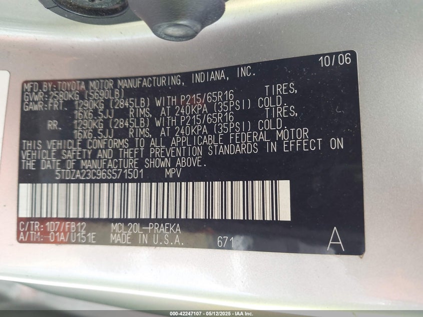 2006 TOYOTA SIENNA VIN: 5TDZA23C96S571501