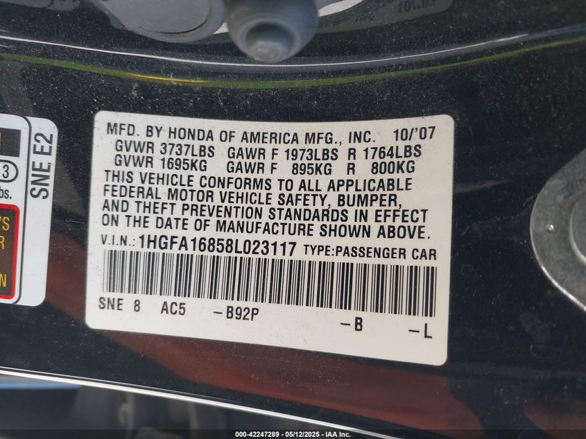 2008 Honda Civic Ex VIN: 1HGFA16858L023117 Lot: 42247289