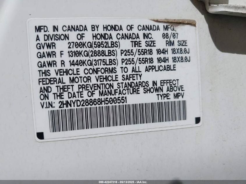 2008 Acura Mdx Sport Package VIN: 2HNYD28868H500551 Lot: 42247316