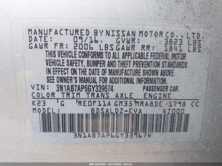 2016 NISSAN SENTRA VIN: 3N1AB7AP6GY339674