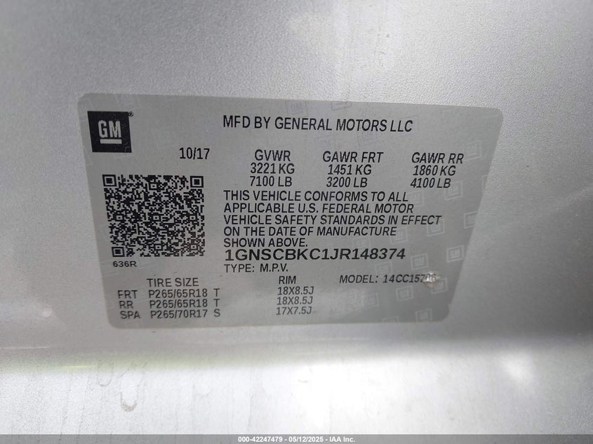 2018 CHEVROLET TAHOE VIN: 1GNSCBKC1JR148374