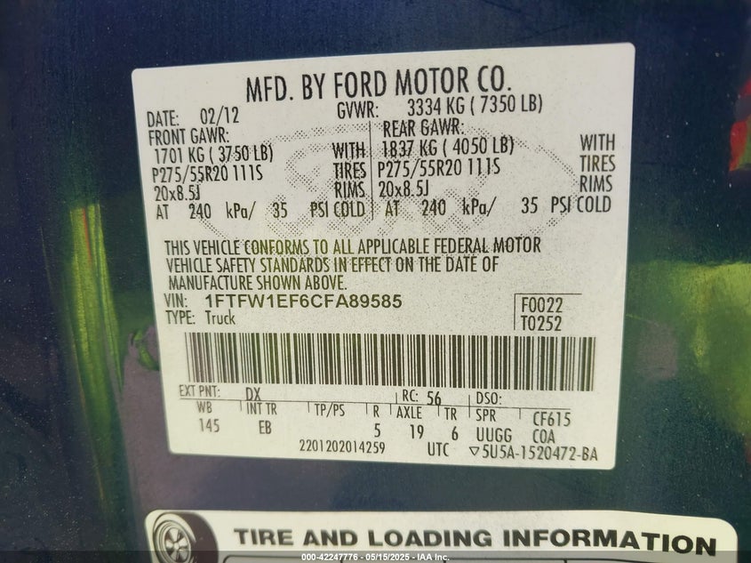 2012 FORD F150 VIN: 1FTFW1EF6CFA89585