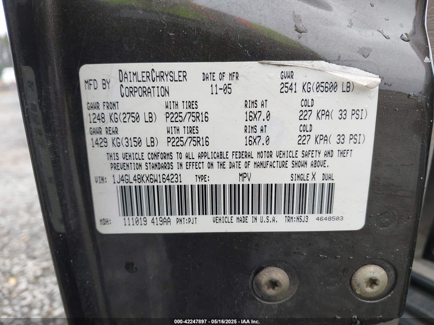 2006 JEEP LIBERTY VIN: 1J4GL48KX6W164231