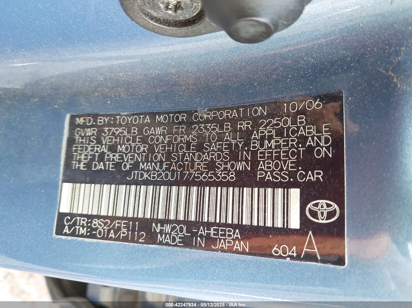 2007 TOYOTA PRIUS VIN: JTDKB20U177565358