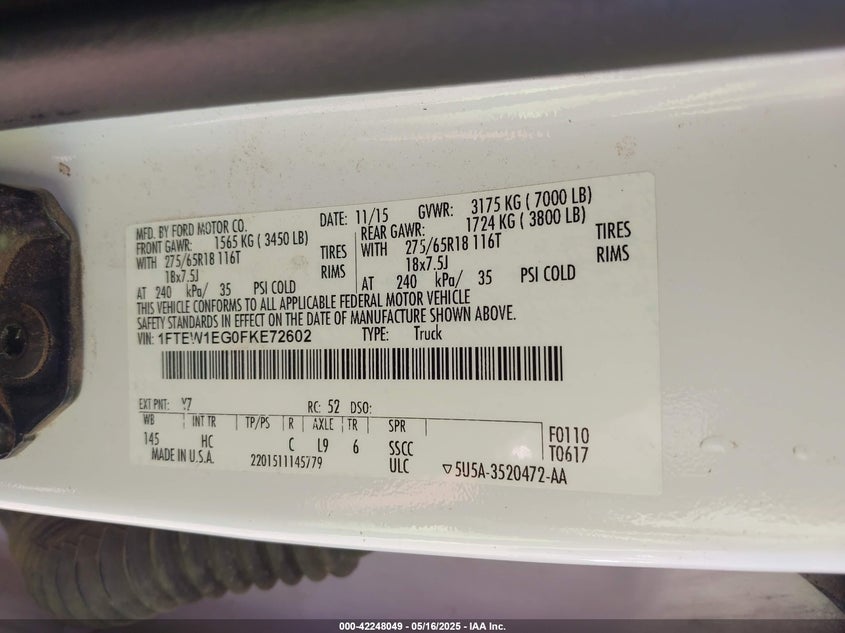 2015 FORD F-150 VIN: 1FTEW1EG0FKE72602