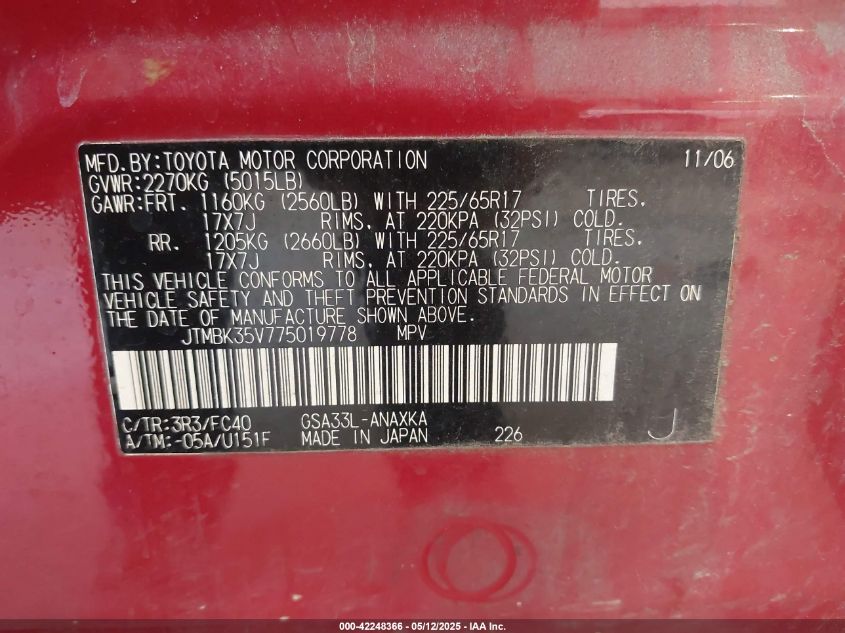 2007 Toyota Rav4 Base V6 VIN: JTMBK35V775019778 Lot: 42248366