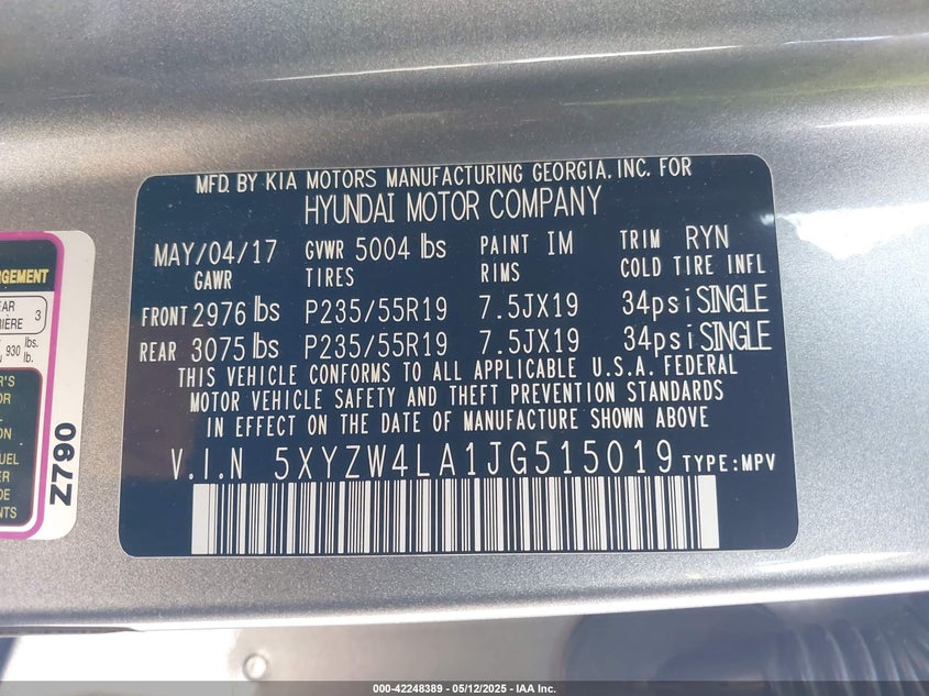 2018 HYUNDAI SANTA FE SPORT VIN: 5XYZW4LA1JG515019
