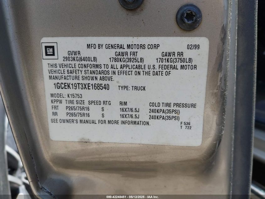 1999 Chevrolet Silverado 1500 Ls VIN: 1GCEK19T3XE168540 Lot: 42248451