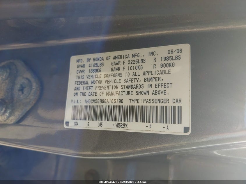 2006 HONDA ACCORD VIN: 1HGCM56896A165190