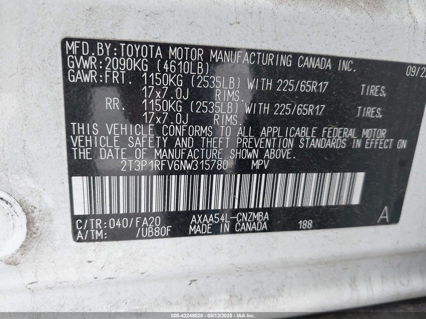 VIN 2T3P1RFV6NW315780 2022 TOYOTA RAV4 XLE