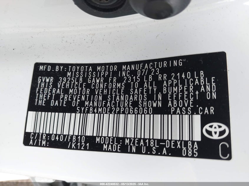 2023 TOYOTA COROLLA VIN: 5YFB4MDE2PP066060