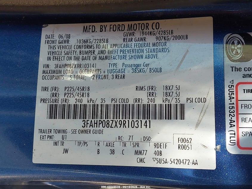 2009 FORD FUSION VIN: 3FAHP08ZX9R103141