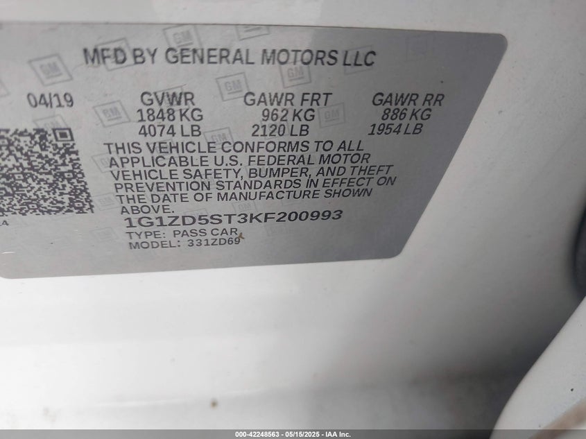 VIN 1G1ZD5ST3KF200993 2019 CHEVROLET MALIBU LT
