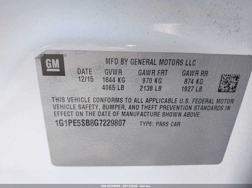 2016 CHEVROLET CRUZE LIMITED VIN: 1G1PE5SB8G7229807