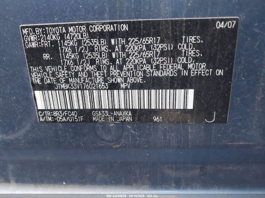 2007 Toyota Rav4 Base V6 VIN: JTMBK33V176021653 Lot: 42248626